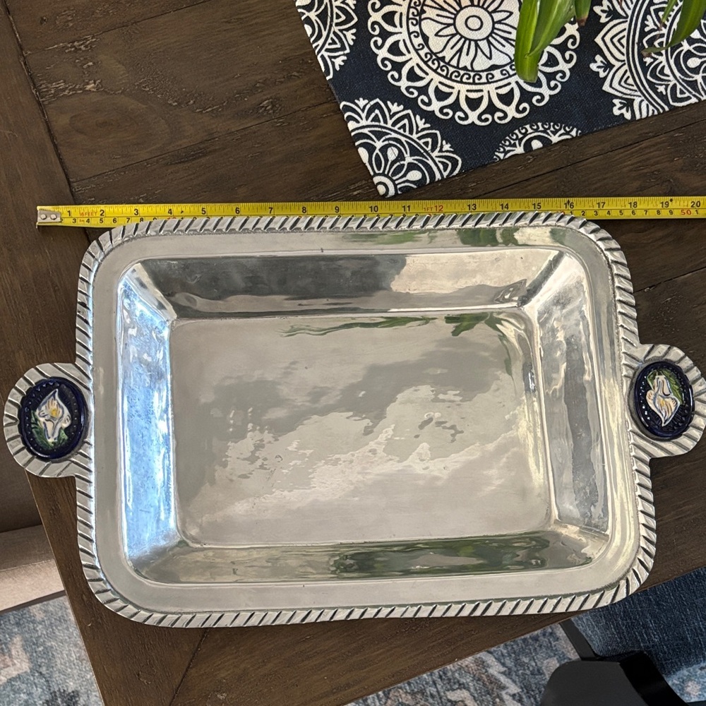 Vintage Pewter Tray w/Ceramic Lily Application 19 1/2 inches long